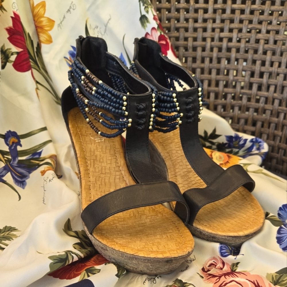 Beaded Ankle Platform Wedge Sandal